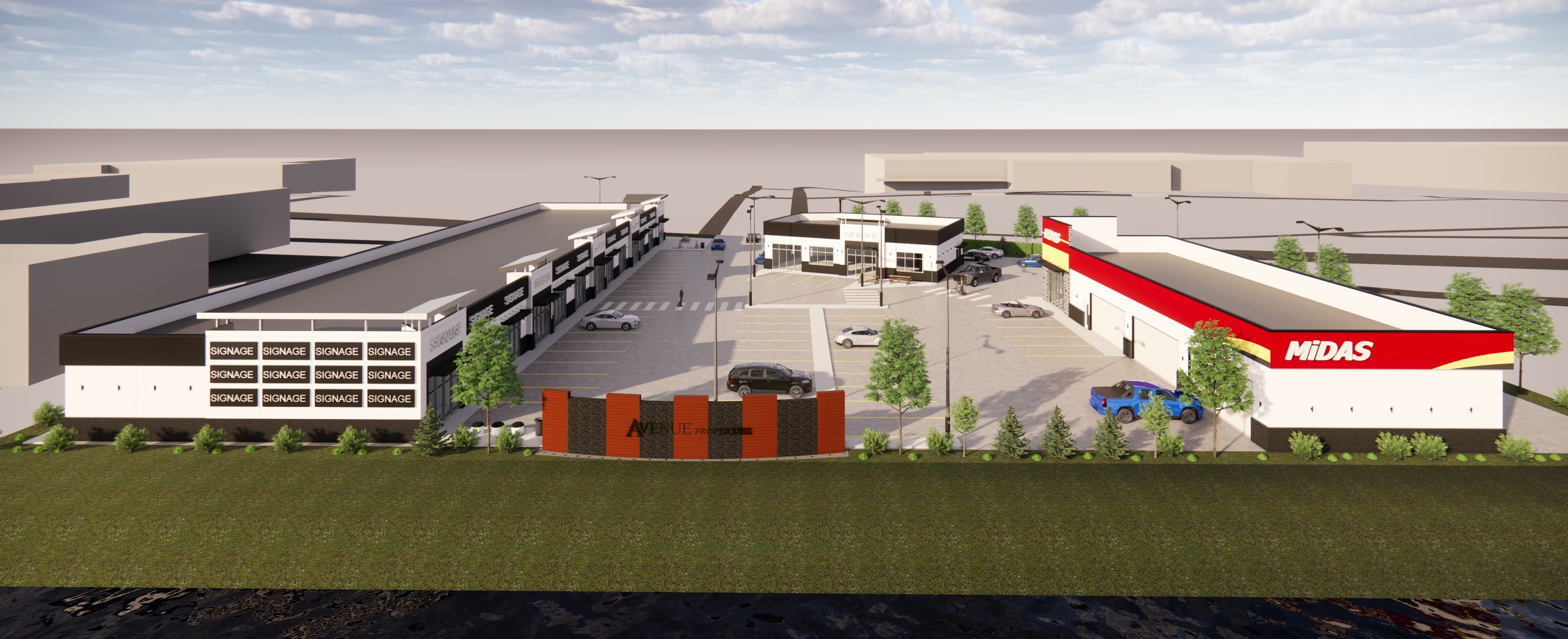 Elevated overall site view of the Airdrie commercial plaza showing both retail buildings and parking