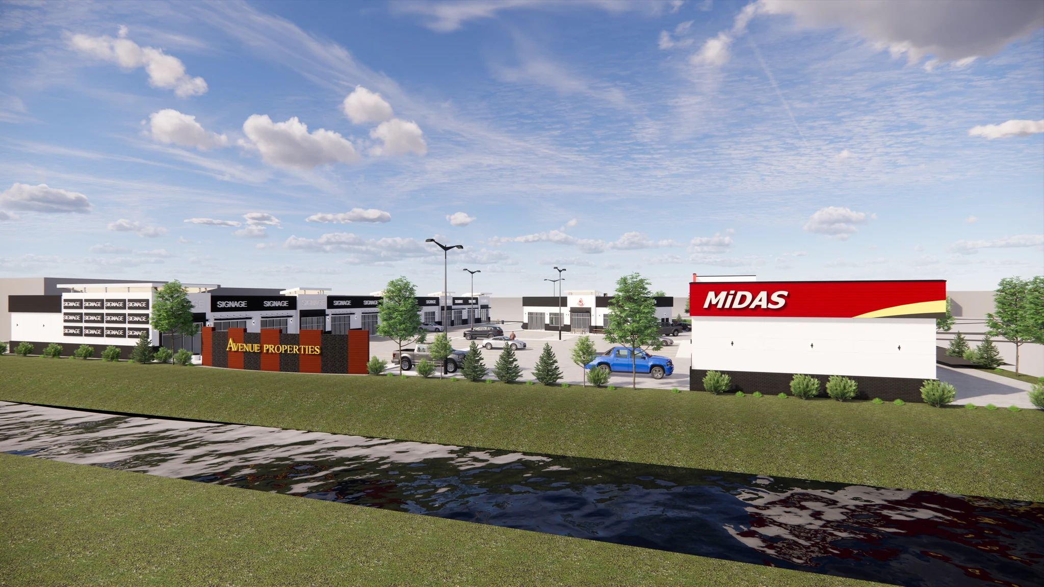 Street-level view of a new commercial plaza in south Airdrie with retail bays and pylon signage