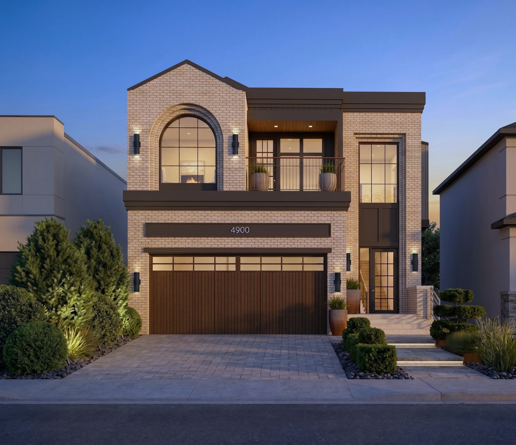 Altadore infill home front elevation at dusk with brick facade and arched window