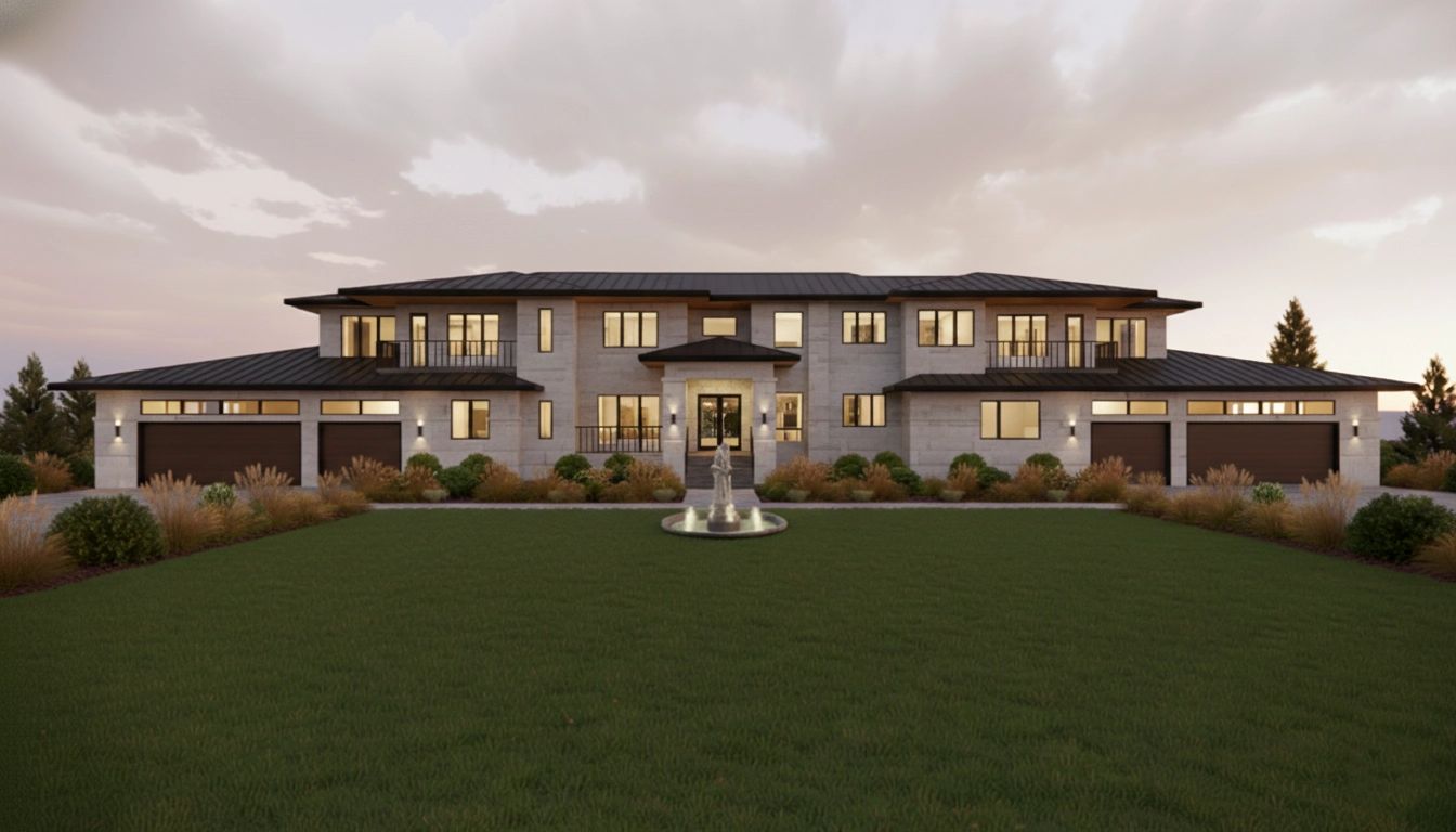 Wide Bearspaw acreage home with four-car garage, stone facade and a fountain courtyard