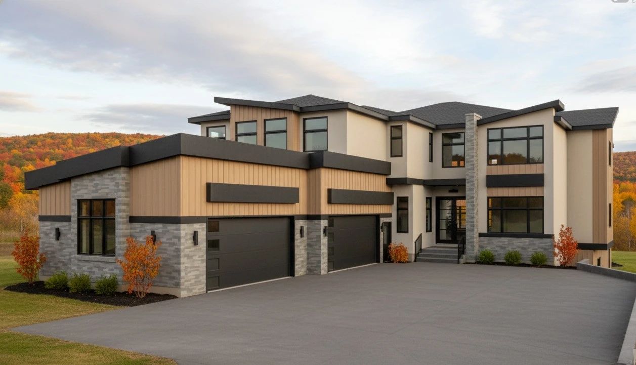 Contemporary Conrich custom home with a triple garage and stone accents in autumn