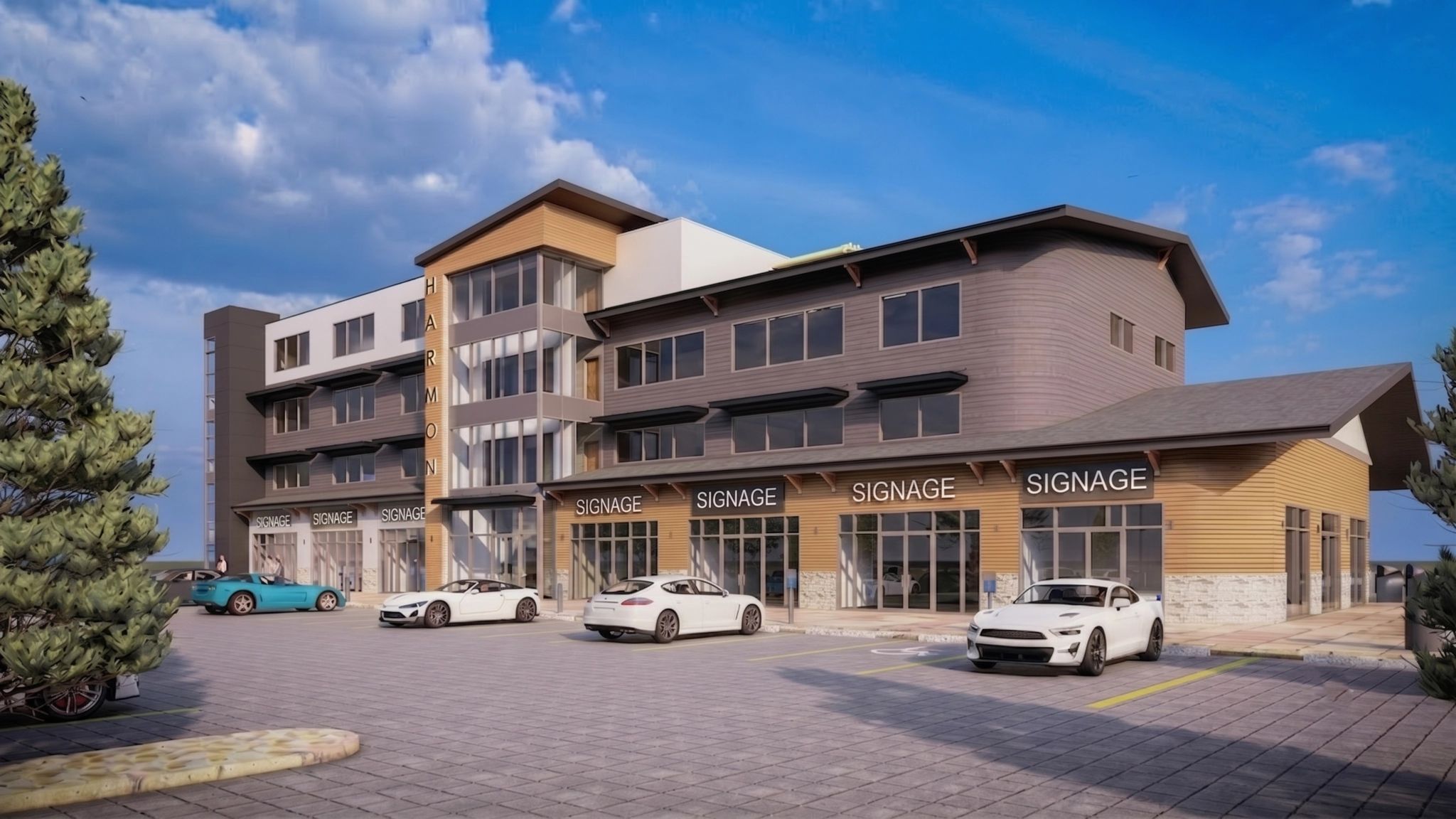 Harmony professional building with ground-floor retail bays and upper-floor offices