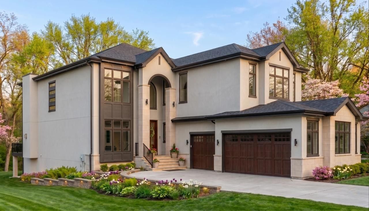 Knightsbridge custom home with arched entry, stone detailing and mature landscaping