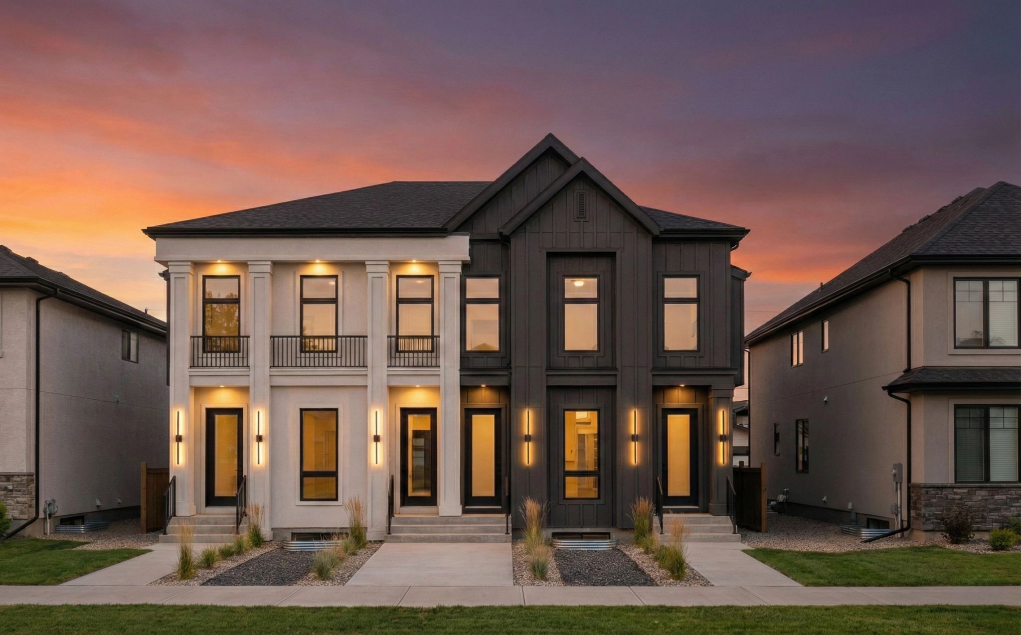 Morley Trail four-unit development lit at sunset