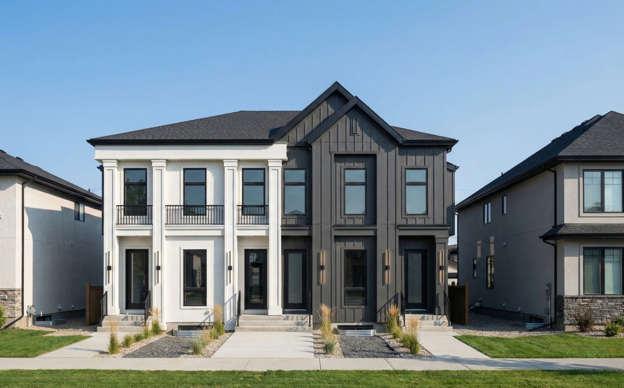Morley Trail four-unit development with contrasting white and dark facades
