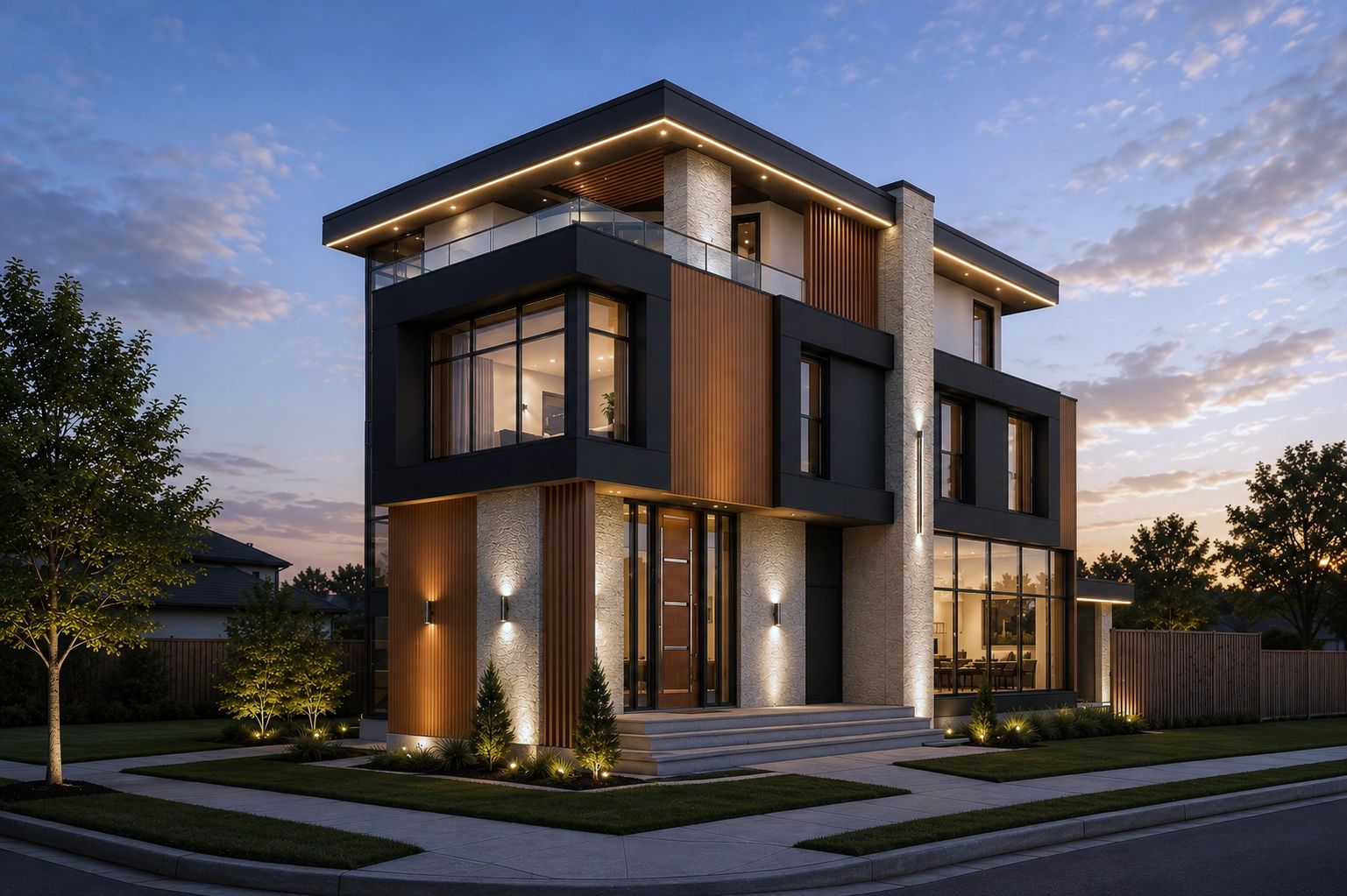 Parkdale custom home on a corner lot with wood and stone cladding, lit at dusk