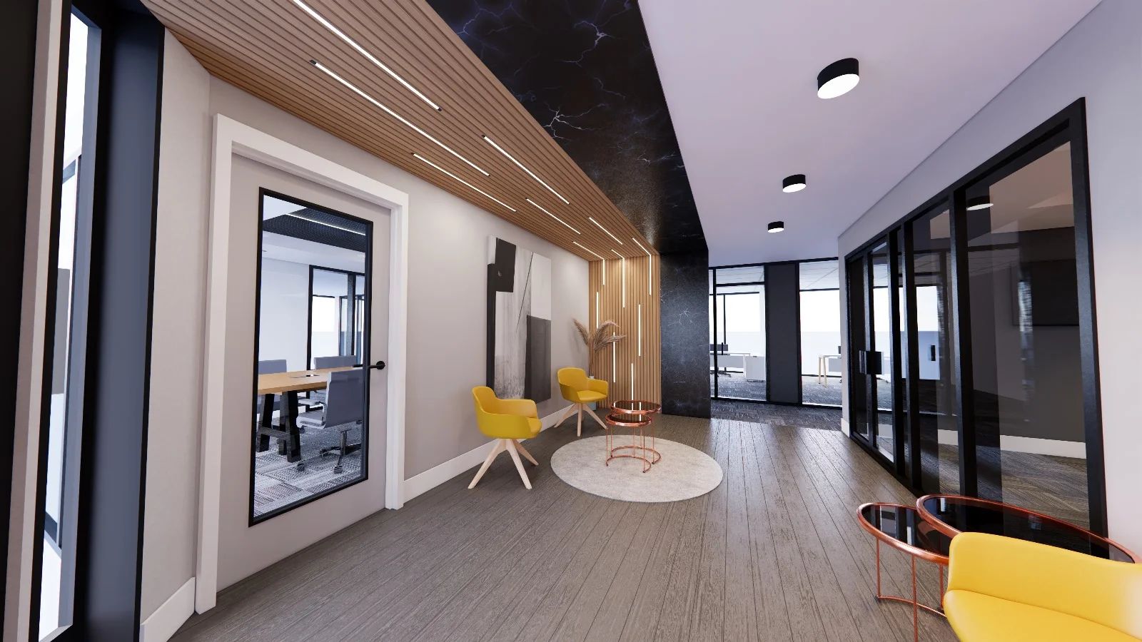 Prime Design Solutions office interior fit-out with slatted wood ceiling and glass meeting rooms