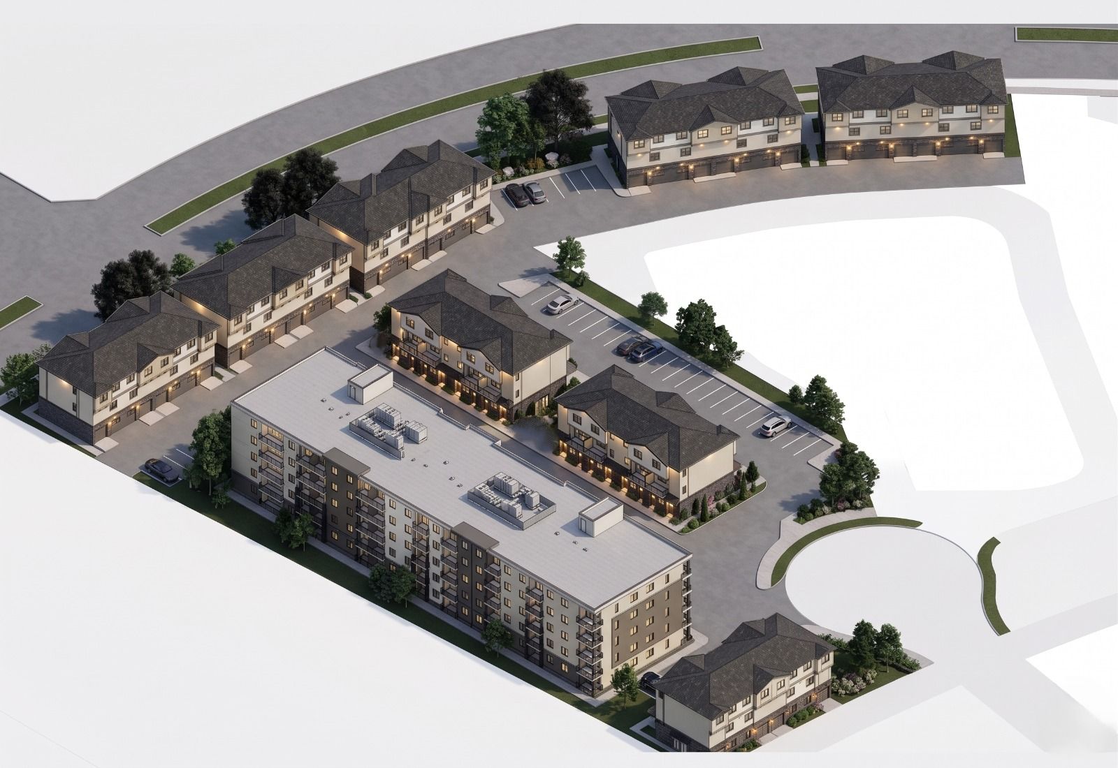 Aerial view of the Skyview complex showing the apartment building, townhome blocks and parking court