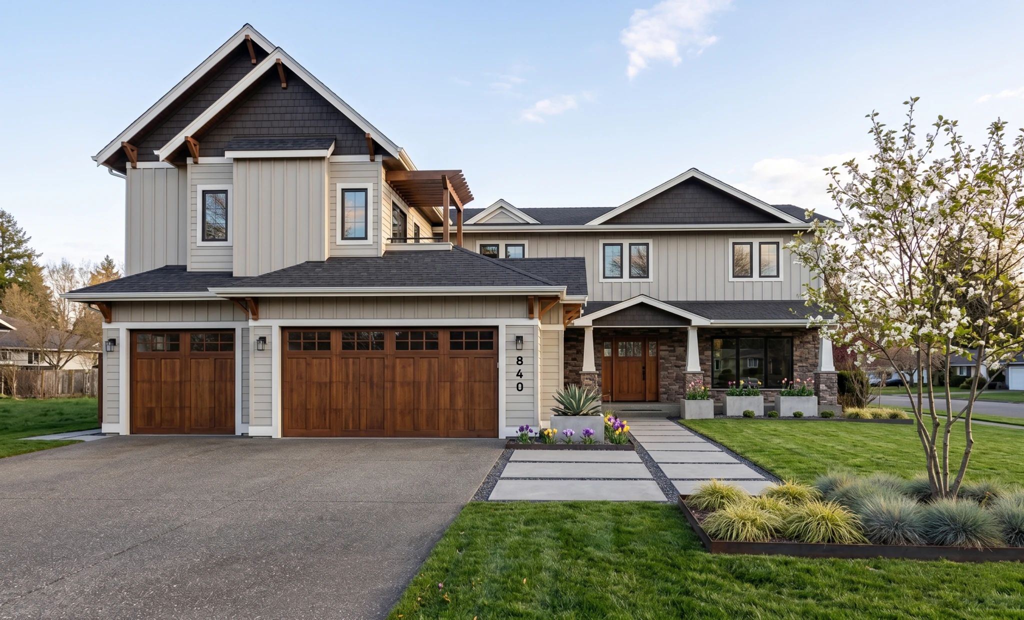 Willingdon home after the addition: new gabled wing, triple garage and covered entry